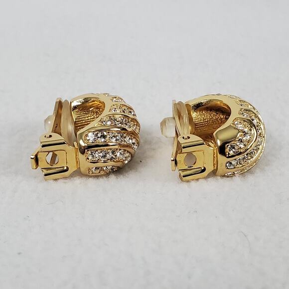 Vintage CHRISTIAN DIOR Gold Tone Rhinestone Huggie Clip-on Earrings New In Box - Picture 7 of 9